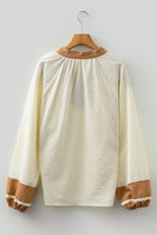 Black Color Block Patchwork Detail V Neck Textured Long Sleeve Blouse