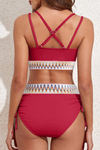 Navy Blue Ribbed Knit Tribal Contrast Detail 2pcs High Waist Swimsuit