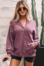 Black Half Zip Kangaroo Pocket Mineral Wash Baggy Hoodie