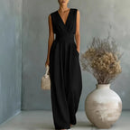 Women's Elegant V-Neck Sleeveless Jumpsuit – Waist-Cinching Straight Leg
