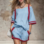 Women's Summer Contrast Color-Block Patchwork Shorts Set – 2-Piece