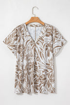 Khaki Floral Print V Neck Short Sleeve Loose Fit Blouse