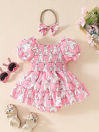 Children's Bunny Print Smocked Dress & Headband Set