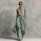 Lace-Up Sleeveless Straight-Leg Jumpsuit | Cotton-Blend