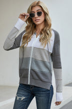 Multicolor Zipped Front Colorblock Hollow-out Knit Hoodie