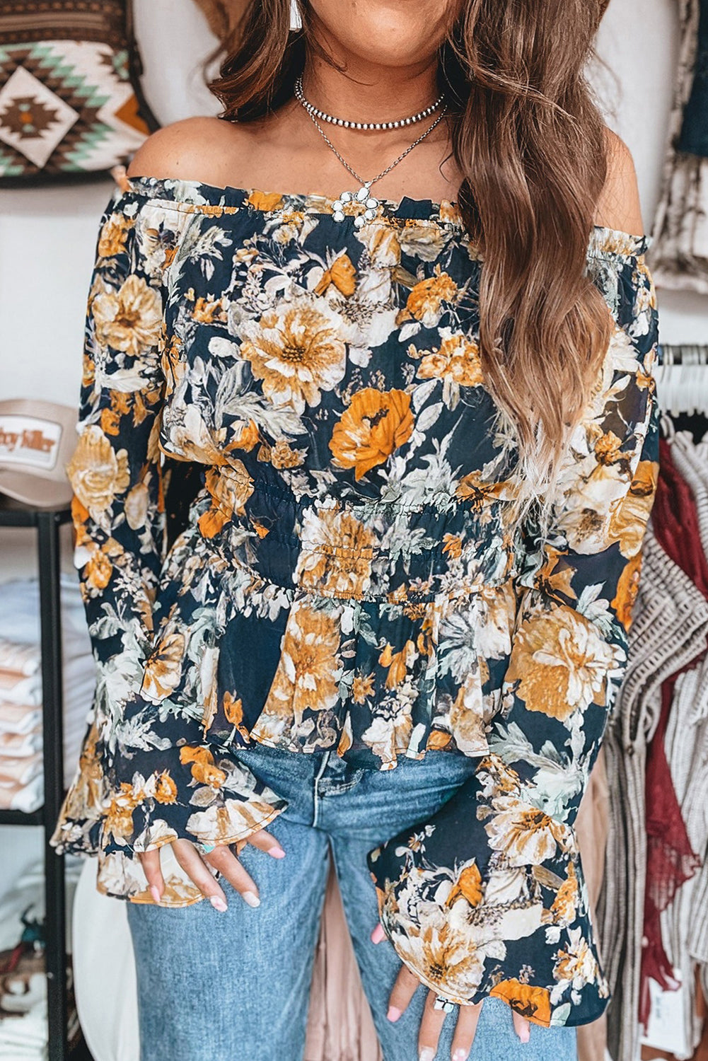 Blue Floral Off Shoulder Bell Sleeve Smocked Peplum Top