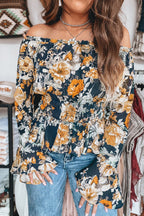 Blue Floral Off Shoulder Bell Sleeve Smocked Peplum Top