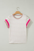 Khaki Stripe Color Block Trim Round Neck Short Sleeve Top
