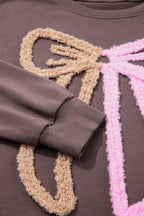 Dark Khaki Terry Bow Pattern Drop Shoulder Sweatshirt