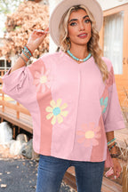 Green Flower Patched Exposed Seam 3/4 Sleeve top