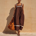 Women's Contrast Strap Casual Loose Midi Dress – Linen Blend