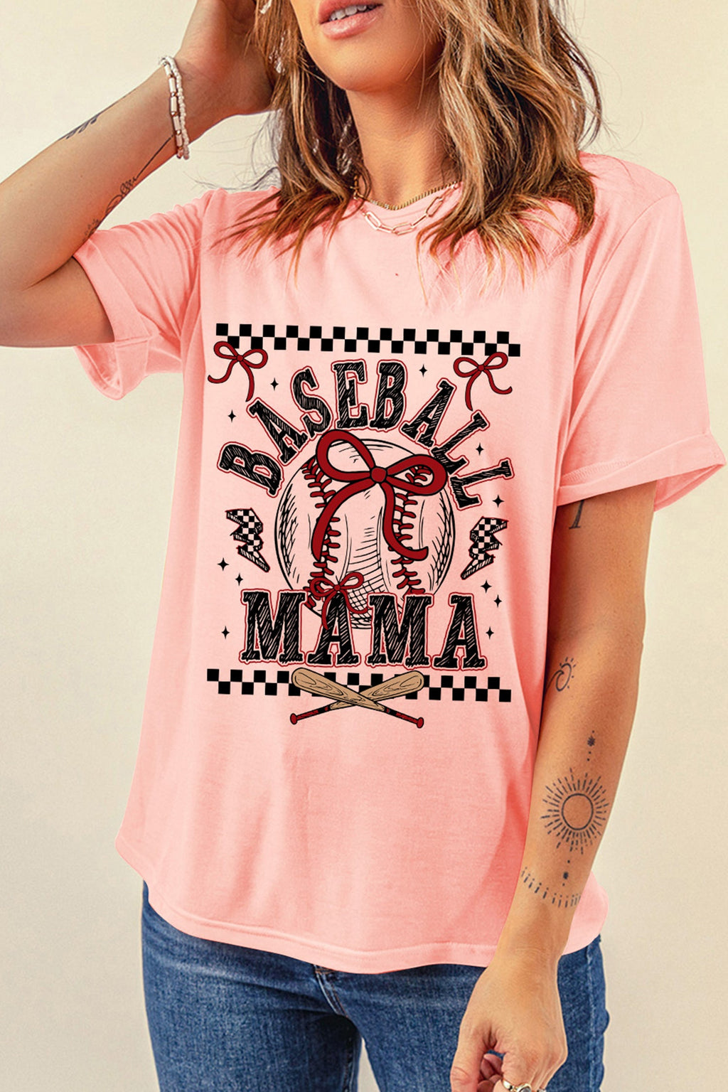 Pink Baseball Mama Coquette Ball Checkered Graphic Tee