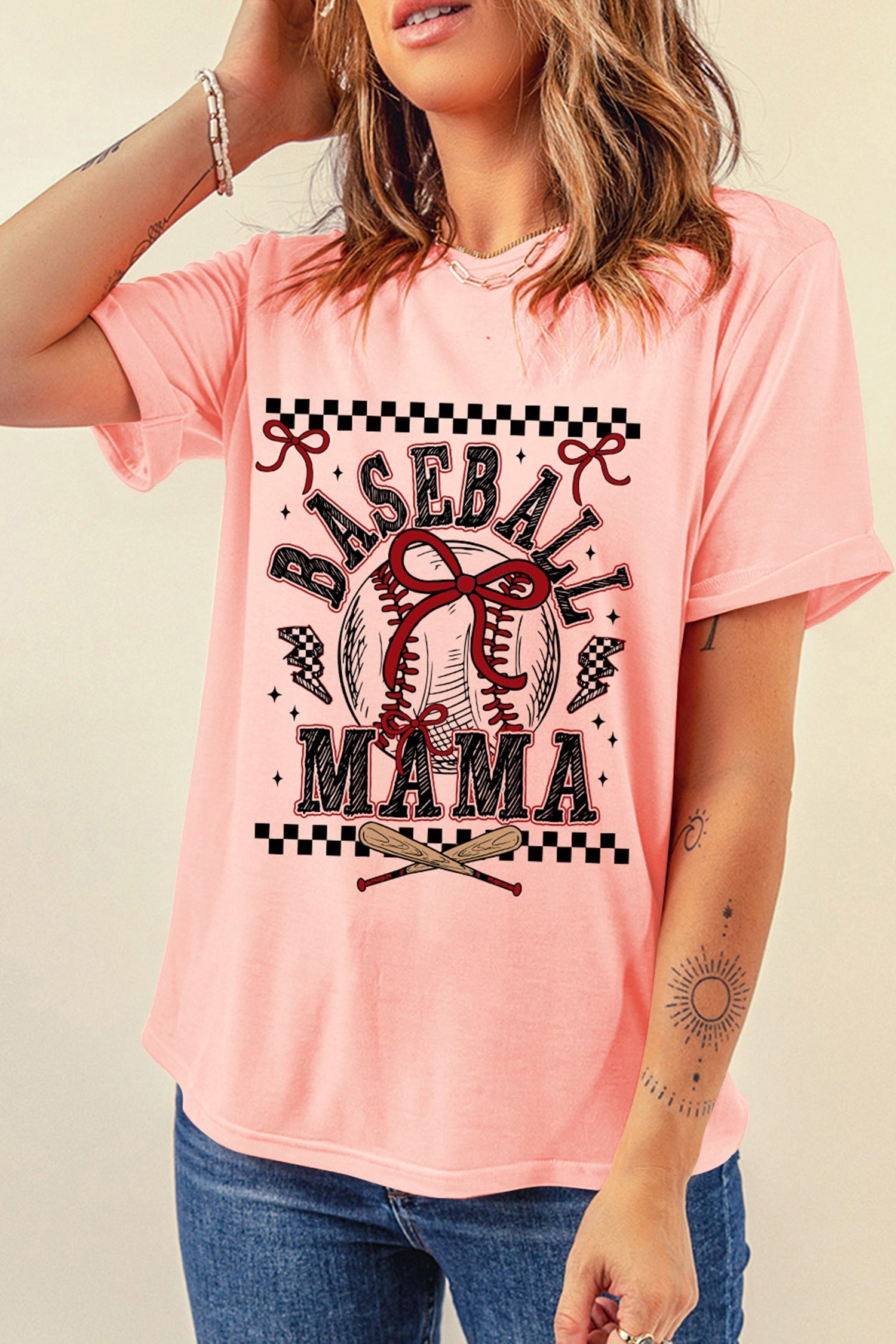Pink Baseball Mama Coquette Ball Checkered Graphic Tee