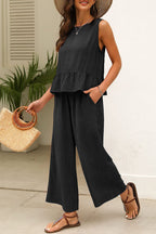Duffel Green Solid Color Ribbed Ruffle Tank Top and Pants Set