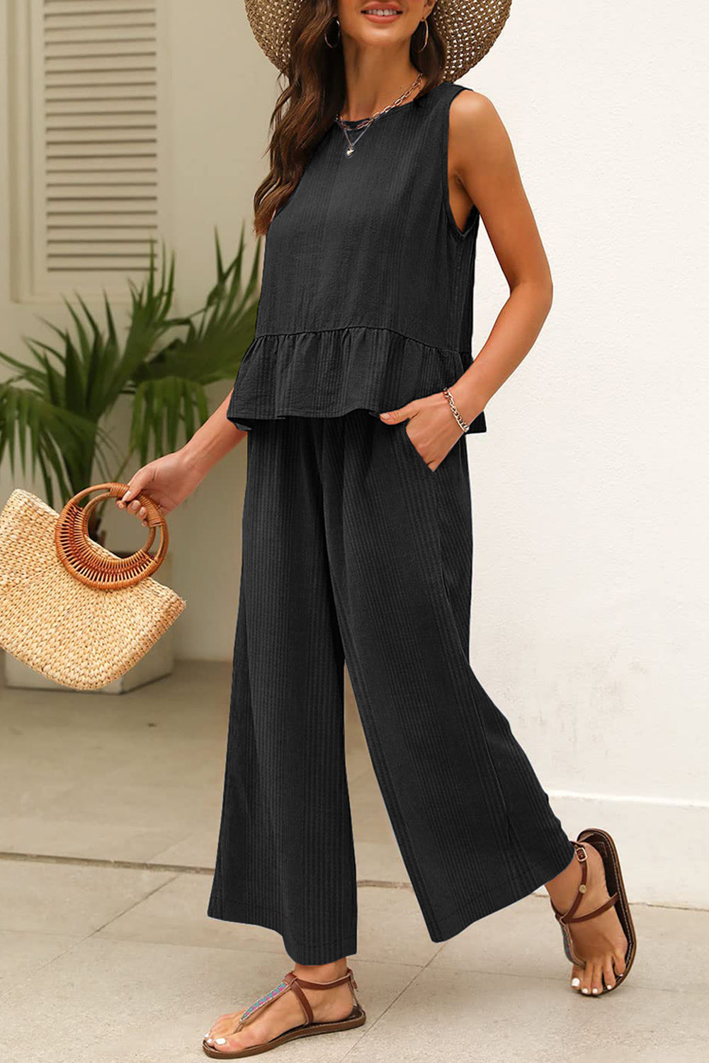 Duffel Green Solid Color Ribbed Ruffle Tank Top and Pants Set