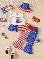 Children's Patriotic Tank and Pants Outfit Set with Hat