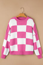 Dark Brown Plaid Bishop Sleeve Pullover Sweater