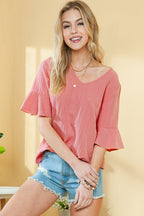 Beau Blue Ruffled Short Sleeve V Neck Textured Blouse