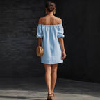 Women's Cotton-Linen Off-Shoulder Puff-Sleeve Loose Mini Dress
