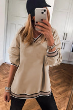 Gray Varsity Contrast Trim V Neck Sweatshirt