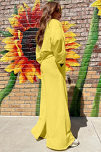 Yellow Cream Drop Shoulder Crop Pullover Drawstring Wide Leg Pants Set