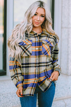 Green Geometric Plaid Print Pocketed Shacket