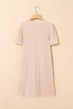 Parchment Corded Knit Crew Neck Puff Sleeve Shift Mini Dress