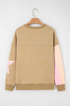 Rose Pink Star Patchwork Exposed Seam Uneven Hem Sweatshirt