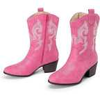 Dream Pairs Womens 8.5 Faux Pink Leather 2.25" Block Heel Mid Calf Cowboy Boots