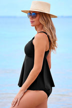 Black 2pcs Solid Color Spaghetti Straps Tankini Set