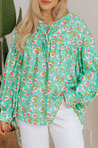 Green Abstract Printed Lace-up Lantern Sleeve Babydoll Blouse