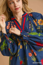 Umgee Floral Print Flounce Sleeve Blouse