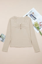 Black Lace Neckline Button Decor Lettuce Edge Long Sleeve Ribbed Top