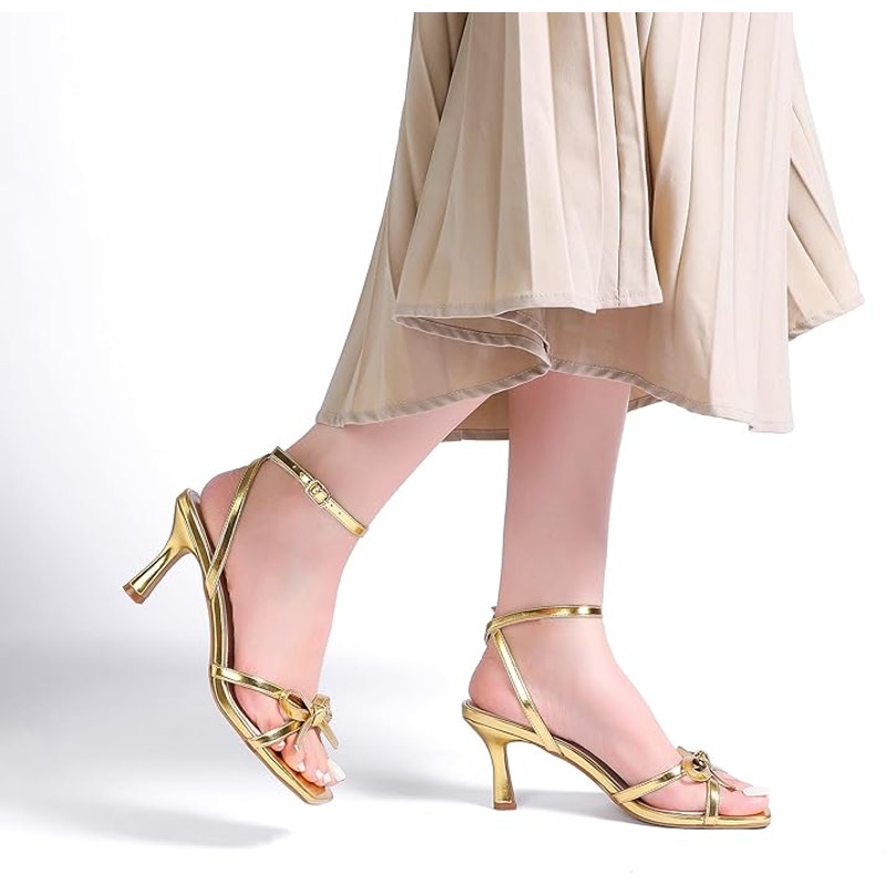 Goderci Womens Size 10 Gold 3" Heels Bow Square Open Toe Ankle Strap Shoes