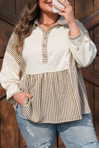 Khaki Stripe Plus Size Color Block Patchwork Half Button Long Sleeve Peplum Blouse
