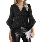 Womens Casual Silver-Thread Mesh V-Neck Petal Three-Quarter Sleeve Loose Top