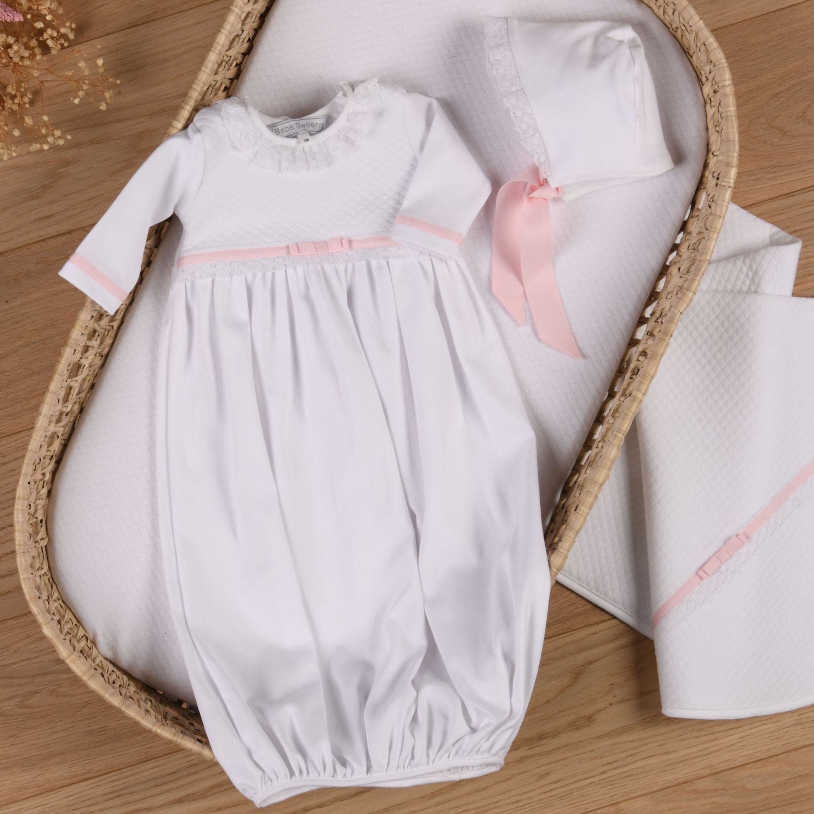 ANDREA | Girls White & Pink Quilted Cotton Gown Set (2)