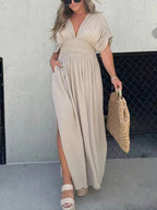 Aydan Bat Sleeved V-neck Slit Dress