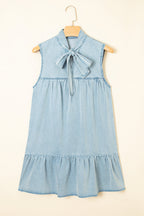 Beau Blue Bowknot Neck Sleeveless Ruffled Chambray Dress