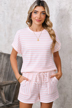 Pink Striped Print Short Sleeve Top and Pocket Shorts Set
