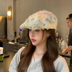 Colorful Plaid Star Distressed Beret — Korean Style Five-Pointed Hat