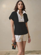 Color Block Half Zip Top and Shorts Two-Piece Set