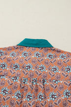 Orange Boho Floral Contrast Collared Shirt Mini Dress