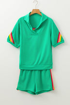 Sky Blue Rainbow Colorblock Collared Short Sleeve Top 2 Piece Shorts Set