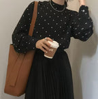 Black And White Polka-dot Turtleneck Relaxed-fit Puff-sleeve Base Shirt