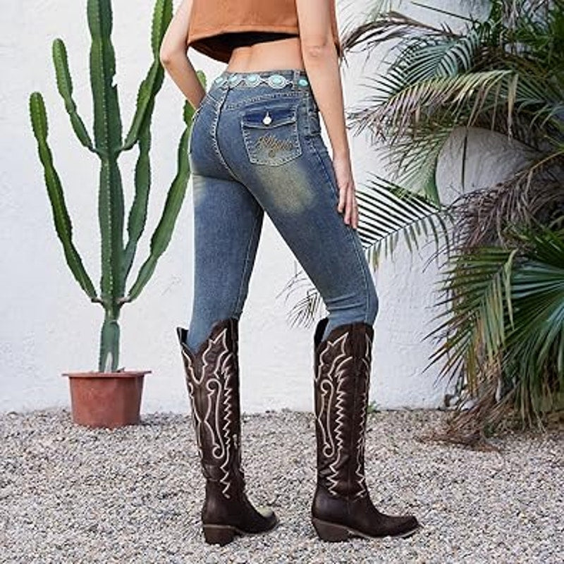 Wet Kiss Womens Size 8.5 Brown Faux Leather 2" Heel Knee High Cowboy Boots