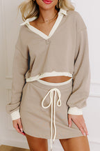Parchment Raw Edge Detail Patchwork Cropped Pullover Drawstring Skirt Set