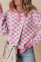Pink Checkered Buttons Collar V Neck Drop Shoulder Sweater