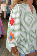 Green Stripe Flower Puff Sleeve Notched V Neck Babydoll Blouse