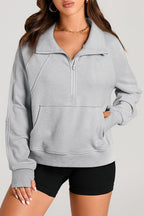 Smoke Green Quarter Zip Stand Neck Kangaroo Pocket Sweatshirt